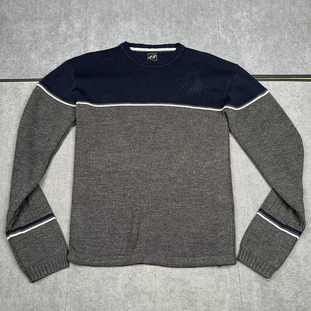 Anchor Blue Mens Small Ribbed Knit Sweater Navy Gray Stripe Crew Neck Y2k